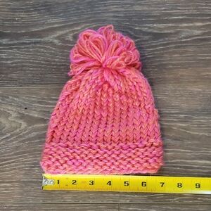Handmade Pink Knitted Kids Beanie With Metallic Gold And Pom-Pom Top NWOT